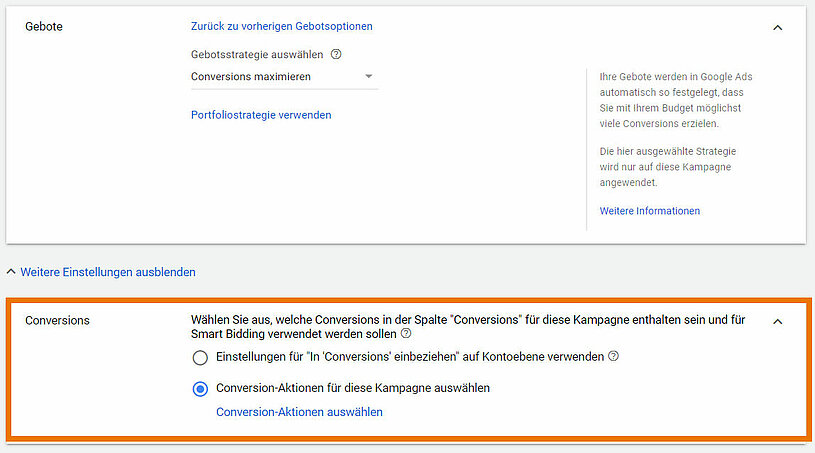 Google Ads Conversion Aktionen auswählen